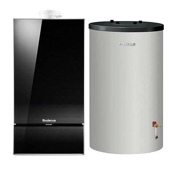 Gasbrennwertgerät GB182i, 14 kW, Buderus, mit Warmwasserspeicher S120, 120L, Erdgas E/H, schwarz