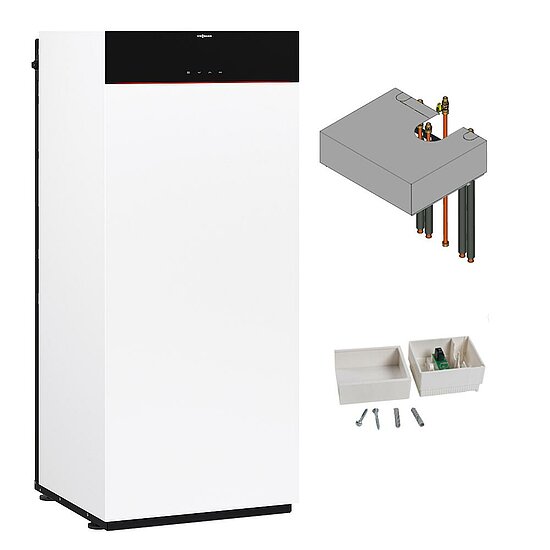 Gastherme Paket Vitodens 222-F, 19 kW, Ladespeicher, Aufbau-Kit, 3,7 Zoll Display, Viessmann