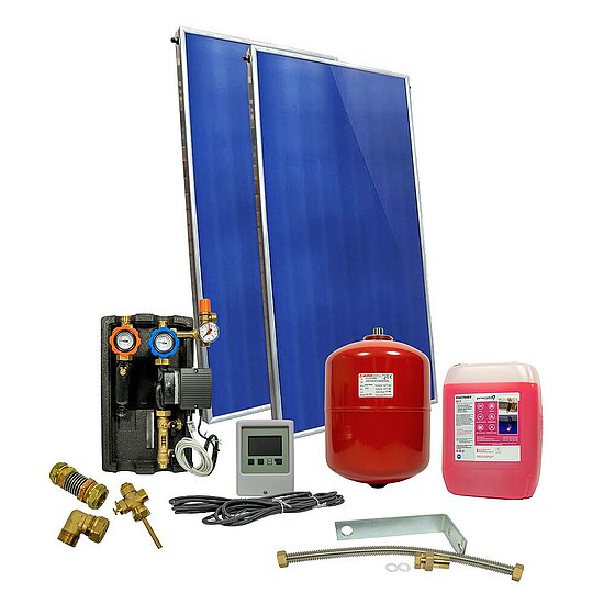 Solarpaket für Brauchwasser mit 2x 2m² Flachkollektoren, 4,00m², Flachdachmontage, ohne Speicher, mit silbernem Rahmen